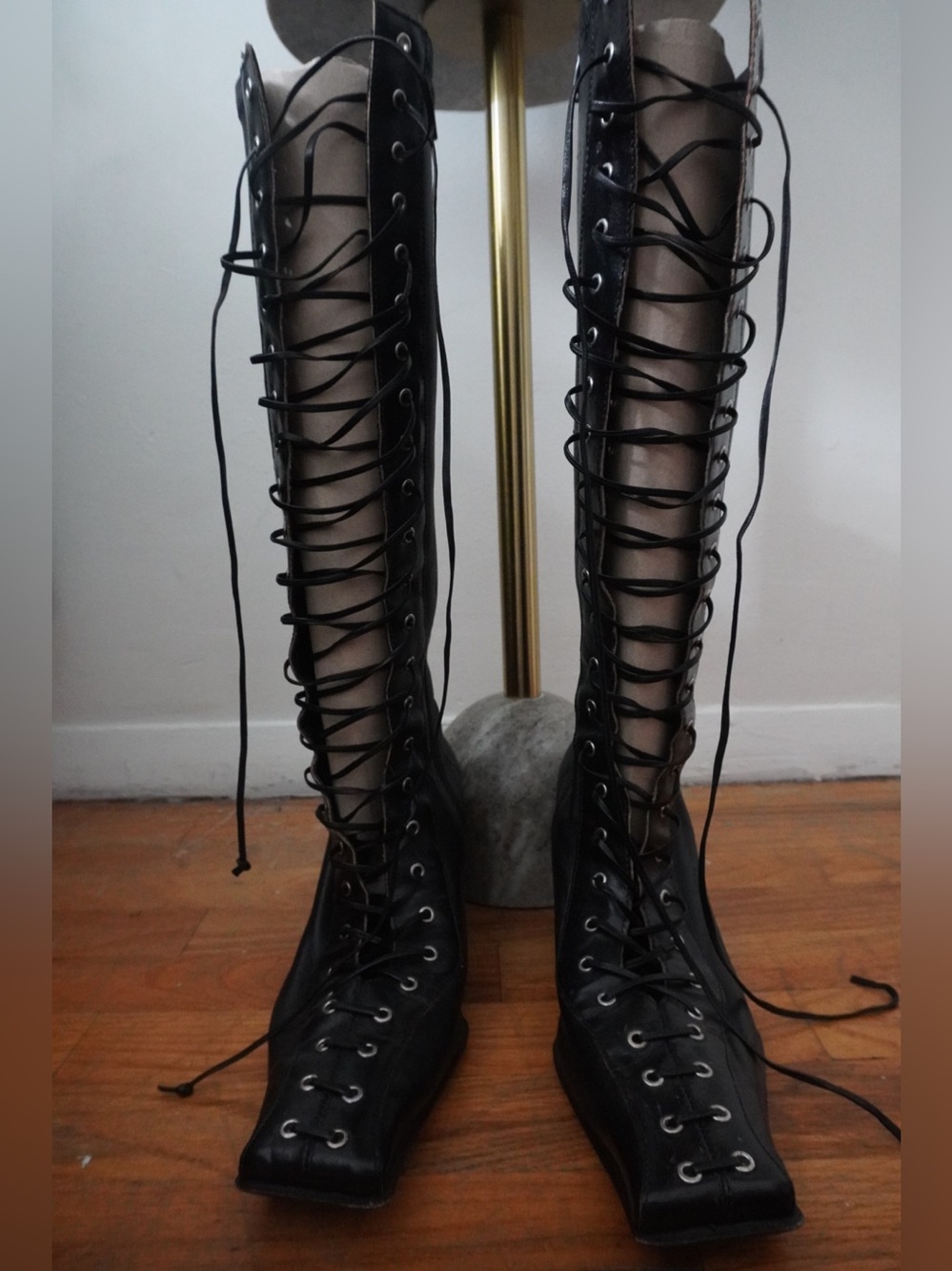 Miista Black Knee-High Lace-Up Boots